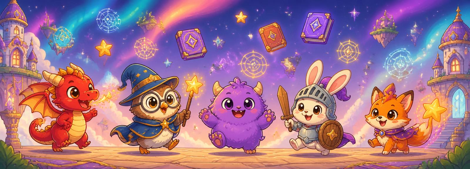 Cartoon dragon, wizard owl, purple monster, knight bunny and magic fox waiting to greet you at Nexus Academy